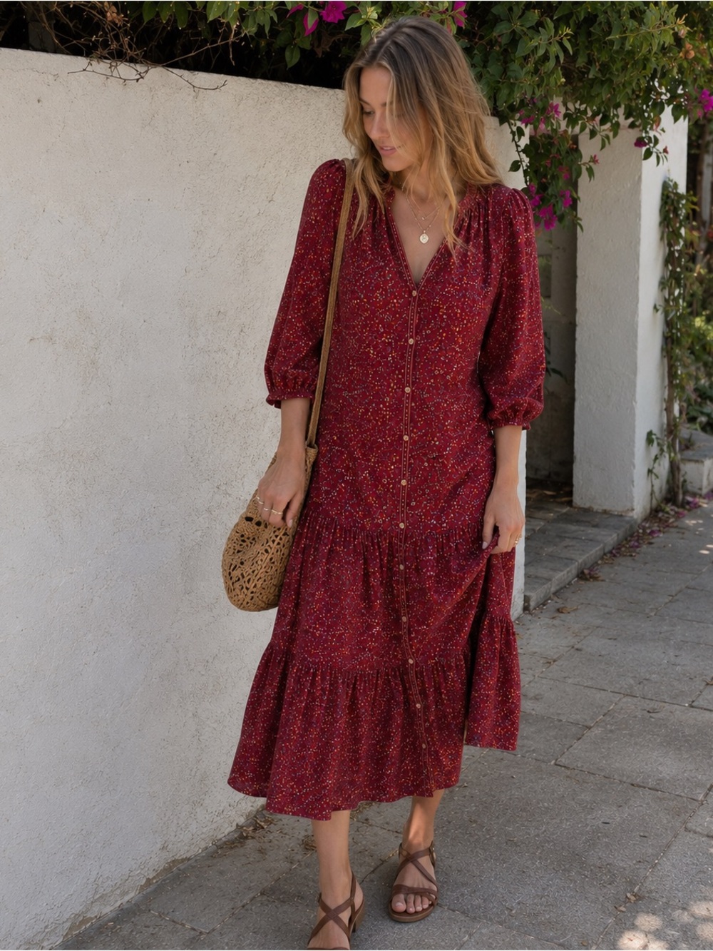 Floral Boho Prairie Maxi Dress - Cottagecore Festival -Tiered, Button-Up PTP 20”